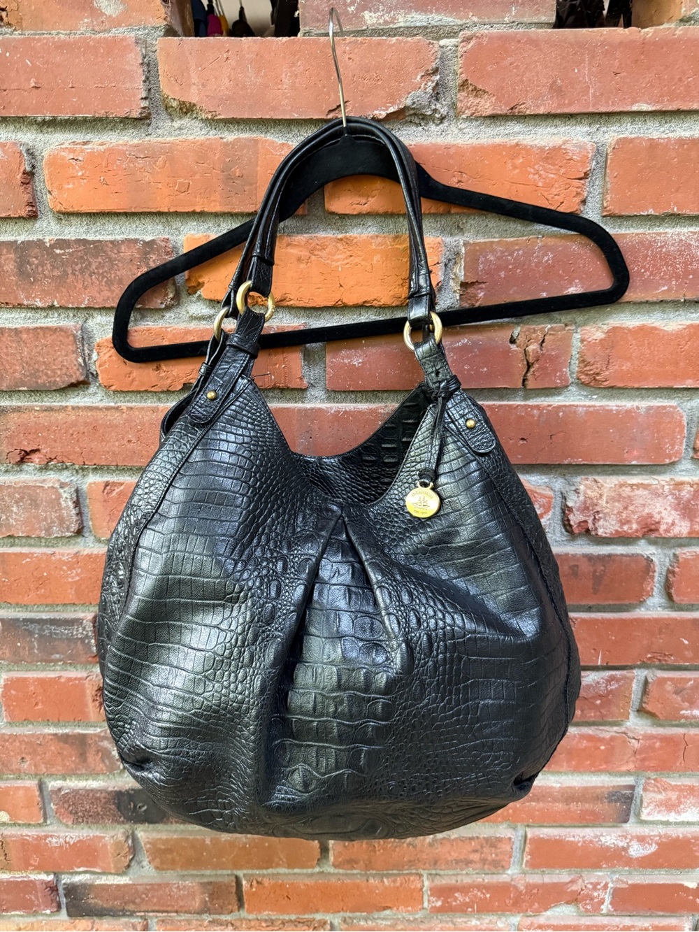 Brahmin Croc-Embossed Black Leather Hobo Bag with Gold Accent